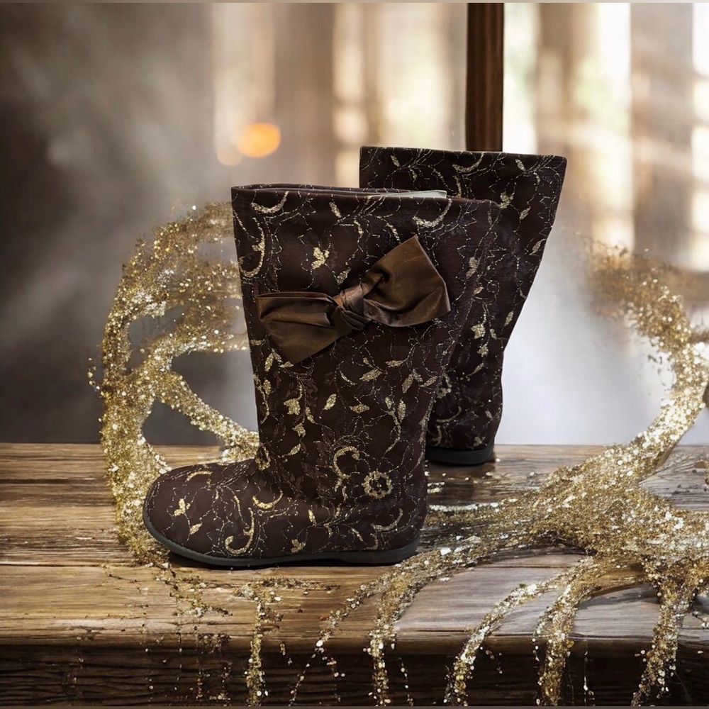 Joan Boyce Brown Boots w/Gold Embroidered Design & Brown Satin Bow Sz-9.5 W NWOB - Picture 1 of 16